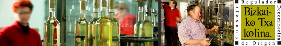 Botellas de txakoli etiquetadas